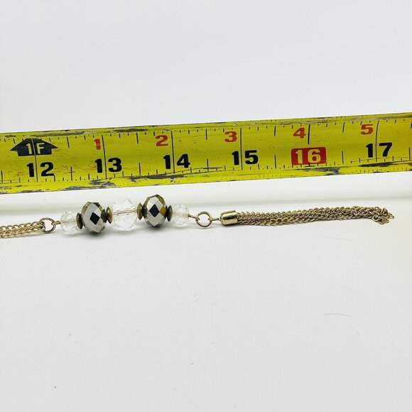 Gold Tone Tassel Pendant Necklace Long Chain With Silver and Clear Beads - Picture 7 of 7